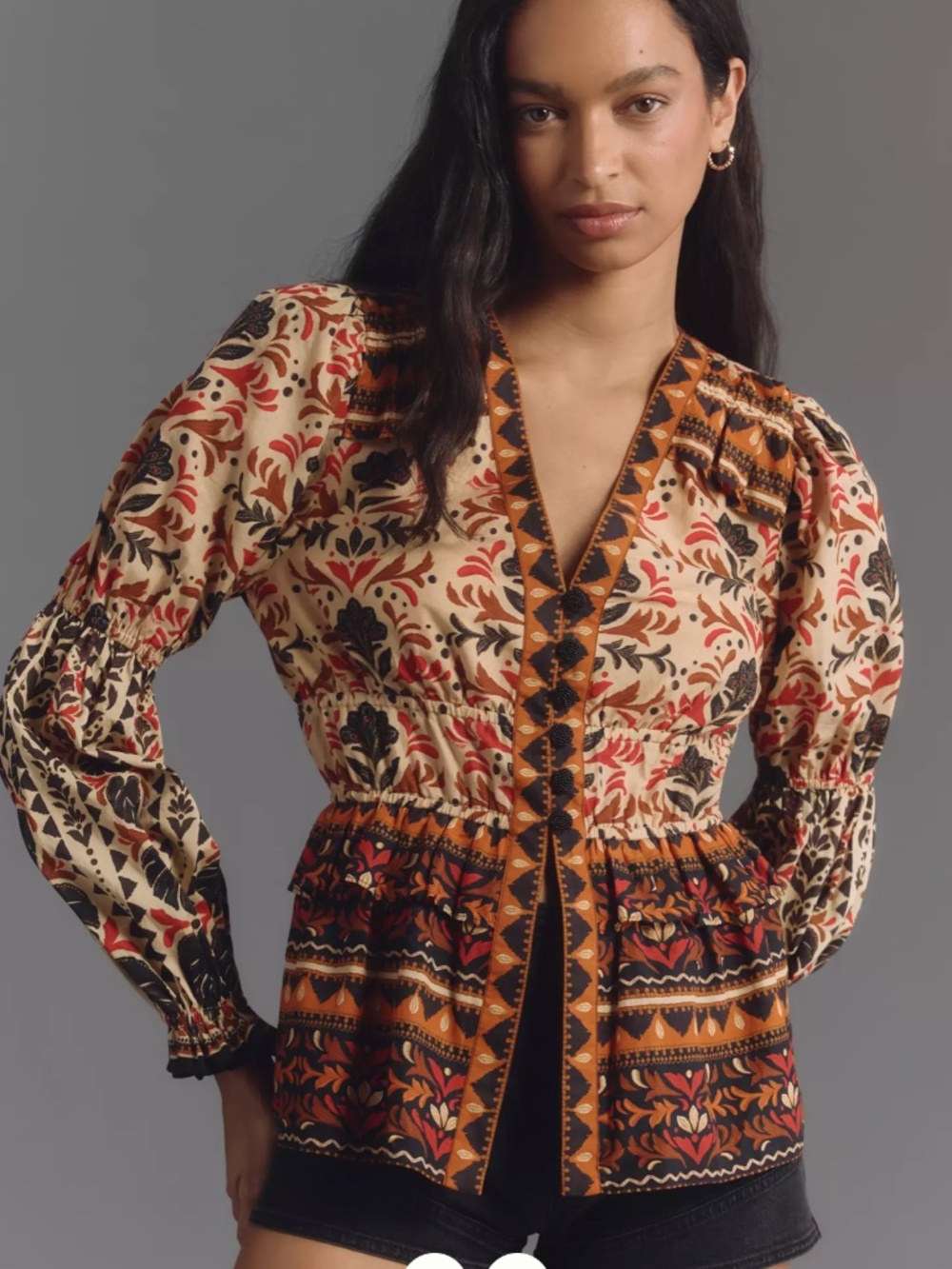 Farm Rio Long Sleeve V-Neck Printed Blouse